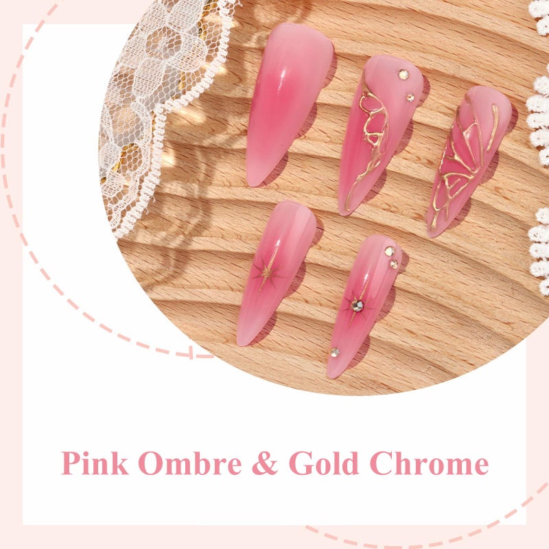 MISUD Press on Nails - Long Stiletto Fake Nails with Pink Ombre, Acrylic 3D Gold Chrome Design 24 pcs - Image 3